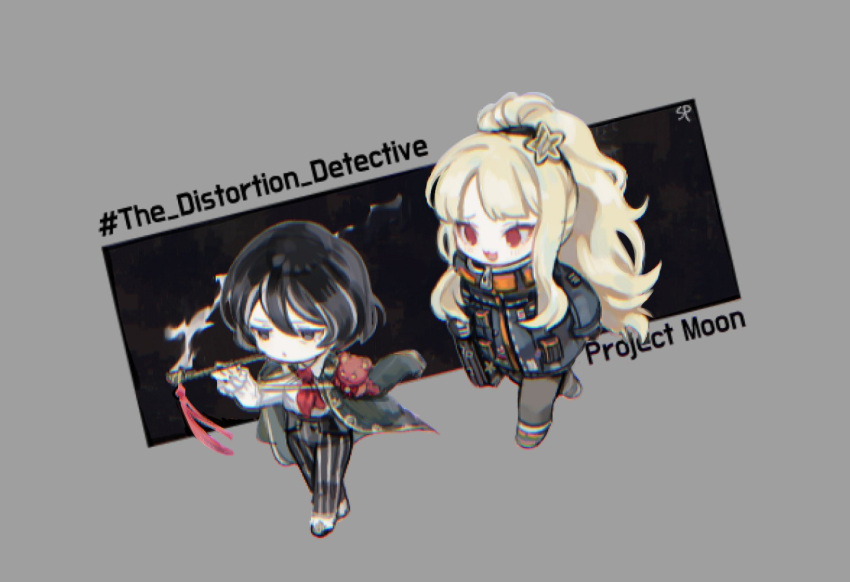 black_eyes, black_hair, blonde_hair, chibi, chromatic_aberration, closed_mouth, coat, coat_on_shoulders