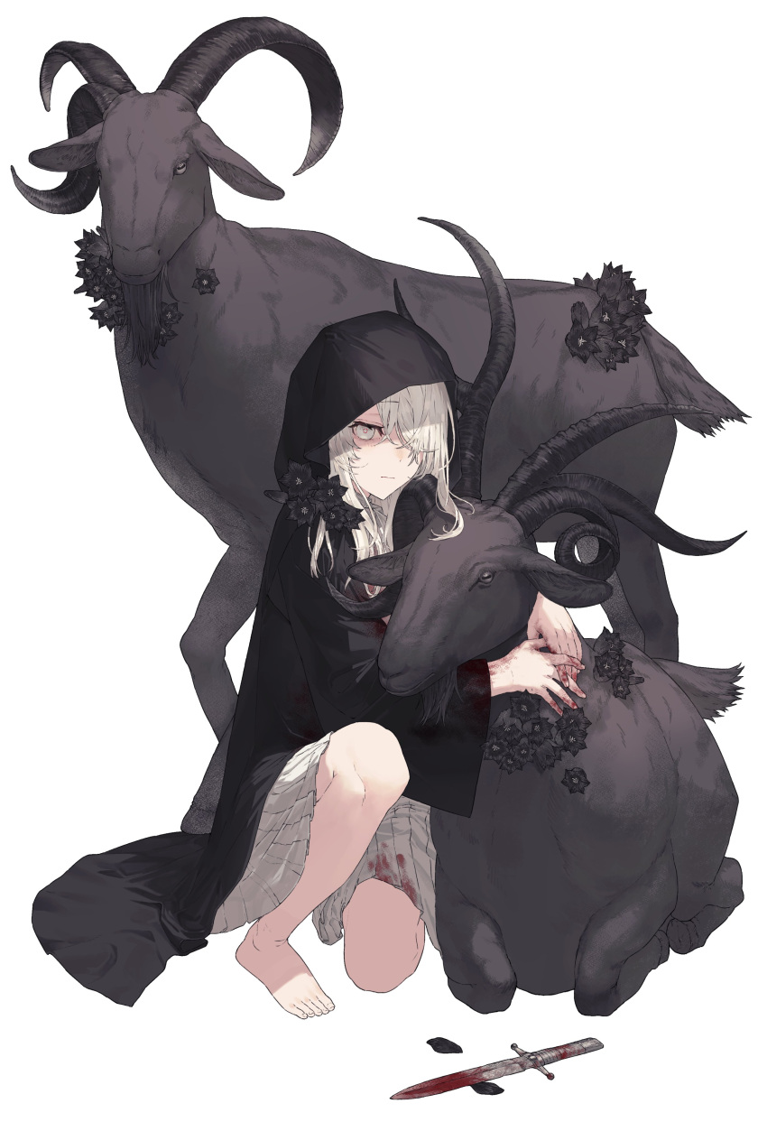 1girl, absurdres, bare_legs, barefoot, black_flower, black_horns, dress, flower, full_body, goat, hair_over_one_eye, highres, hood, hood_up, horns, knife, long_sleeves, original, rairyuu, shadow, solo, white_dress, white_eyes