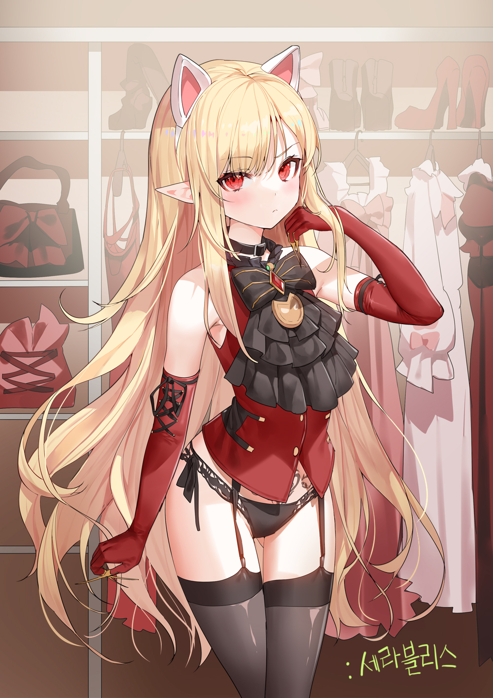 1girl, animal_ears, artist_request, ascot, ass_visible_through_thighs, bare_shoulders, black_legwear, black_panties