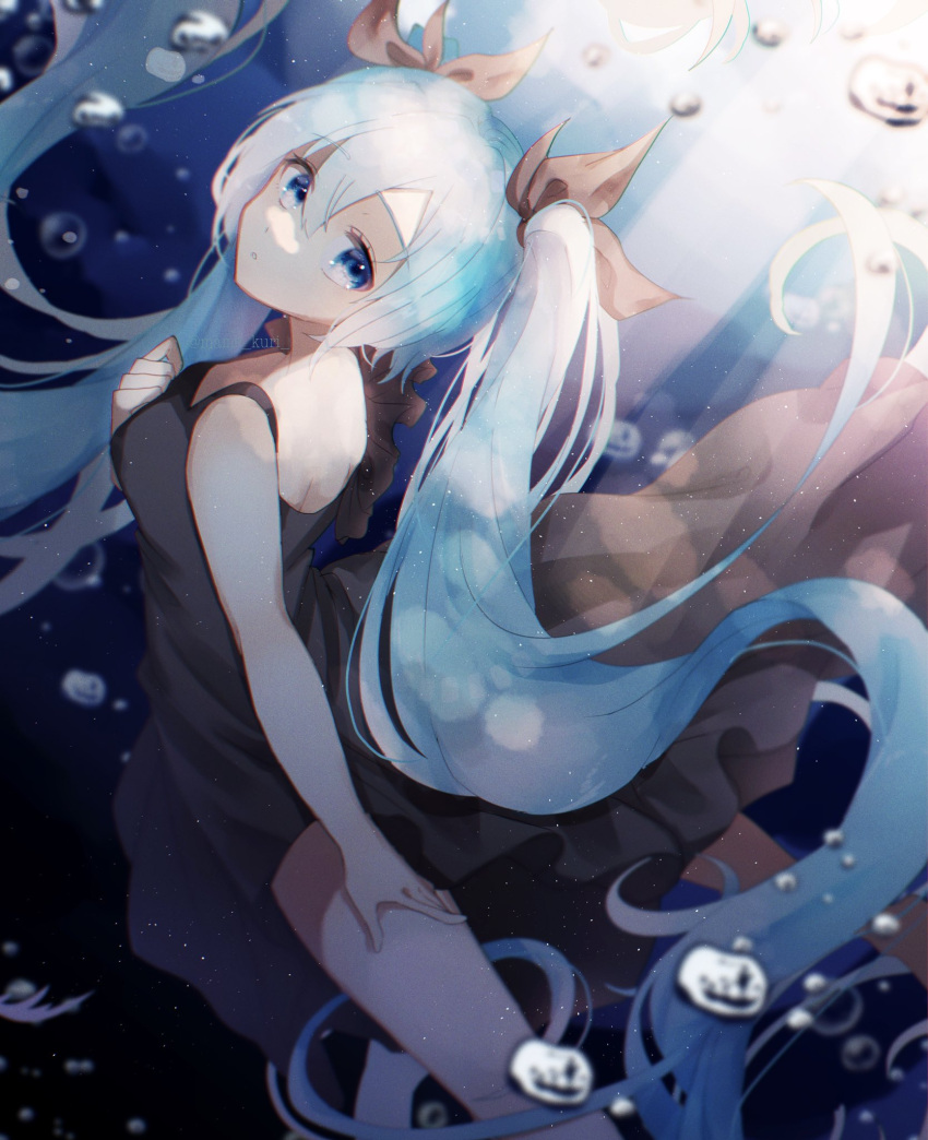 1girl, air_bubble, aqua_eyes, aqua_hair, bare_shoulders, black_bow, black_dress, bow