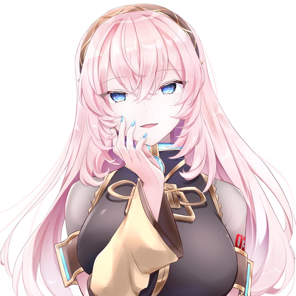 1girl, aqua_nails, arm_warmers, armband, black_shirt, blue_eyes, breasts, commentary