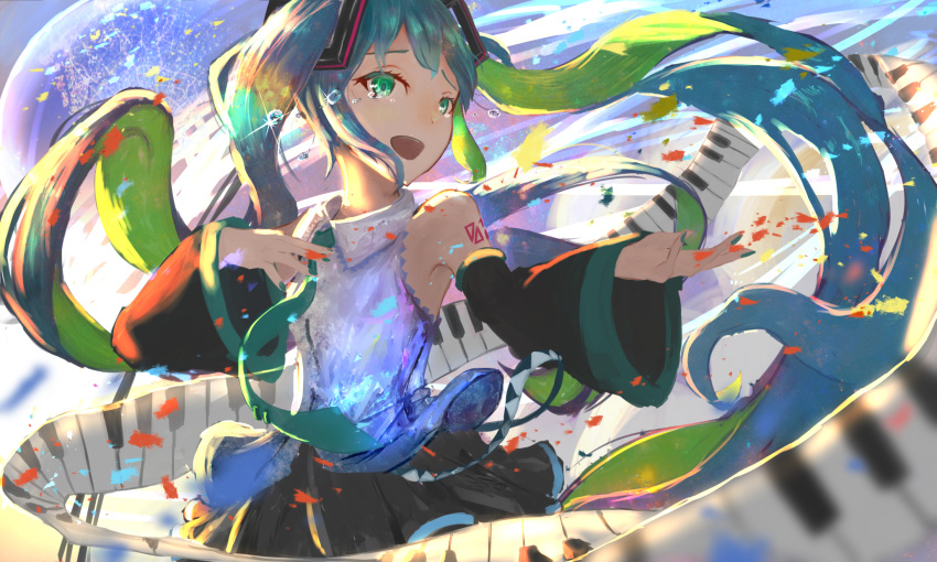 1girl, absurdly_long_hair, aqua_eyes, aqua_hair, aqua_nails, aqua_neckwear, bare_shoulders, black_skirt, black_sleeves, blurry, blurry_foreground, commentary, confetti, cowboy_shot, crying, crying_with_eyes_open, depth_of_field, detached_sleeves, double_dougnuts, furrowed_eyebrows, hair_ornament, hand_on_own_chest, hatsune_miku, highres, instrument, keyboard_(instrument), long_hair, miniskirt, nail_polish, necktie, open_mouth, outstretched_arm, pleated_skirt, shirt, shoulder_tattoo, sidelighting, sideways_glance, skirt, sleeveless, sleeveless_shirt, solo, sparkle, tattoo, tears, twintails, very_long_hair, vocaloid, white_shirt