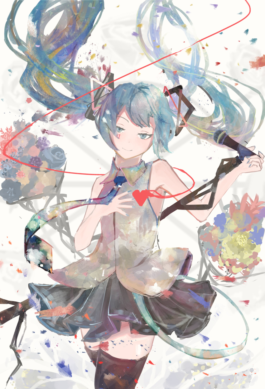1girl, absurdres, aqua_eyes, aqua_hair, aqua_nails, aqua_neckwear, bare_shoulders, black_legwear, black_skirt, bouquet, commentary, cowboy_shot, double_dougnuts, floating_hair, flower, grey_shirt, hair_ornament, half-closed_eyes, hand_on_own_chest, hatsune_miku, heart, highres, holding, holding_microphone, huge_filesize, long_hair, looking_at_viewer, microphone, microphone_stand, miniskirt, nail_polish, necktie, object_behind_back, pleated_skirt, shirt, skirt, sleeveless, sleeveless_shirt, smile, solo, standing, string, thigh-highs, twintails, very_long_hair, vocaloid, zettai_ryouiki