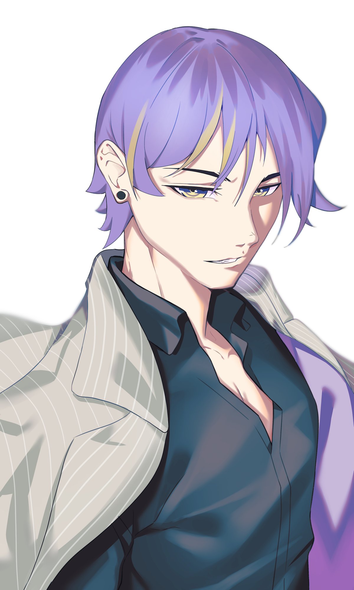 1boy, black_shirt, blonde_hair, collared_shirt, earrings, genderswap, genderswap_(ftm), grey_jacket, hair_behind_ear, highres, hololive, hololive_indonesia, jacket, jewelry, kuroi_enpitsu, male_focus, mamank_hoshinov, moona_hoshinova, multicolored_hair, parted_lips, purple_hair, shirt, solo, streaked_hair, striped, upper_body, violet_eyes, virtual_youtuber, white_background