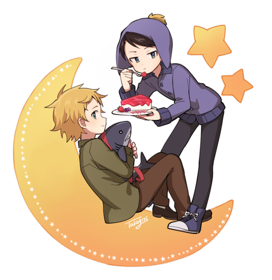 2boys, black_hair, blonde_hair, cake, cake_slice, craig_tucker, food, fork