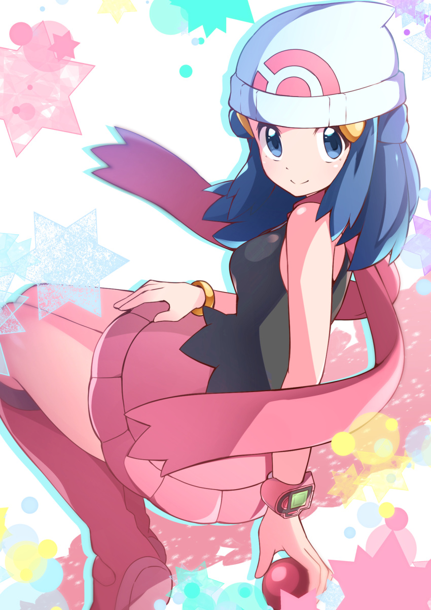 black_legwear, black_shirt, blue_eyes, blue_hair, boots, breasts, hikari_(pokemon), hat