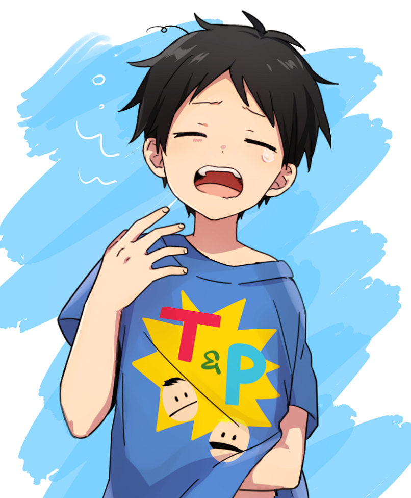 1boy, black_hair, closed_eyes, haizai, hand_to_own_mouth, messy_hair, open_mouth, pajamas