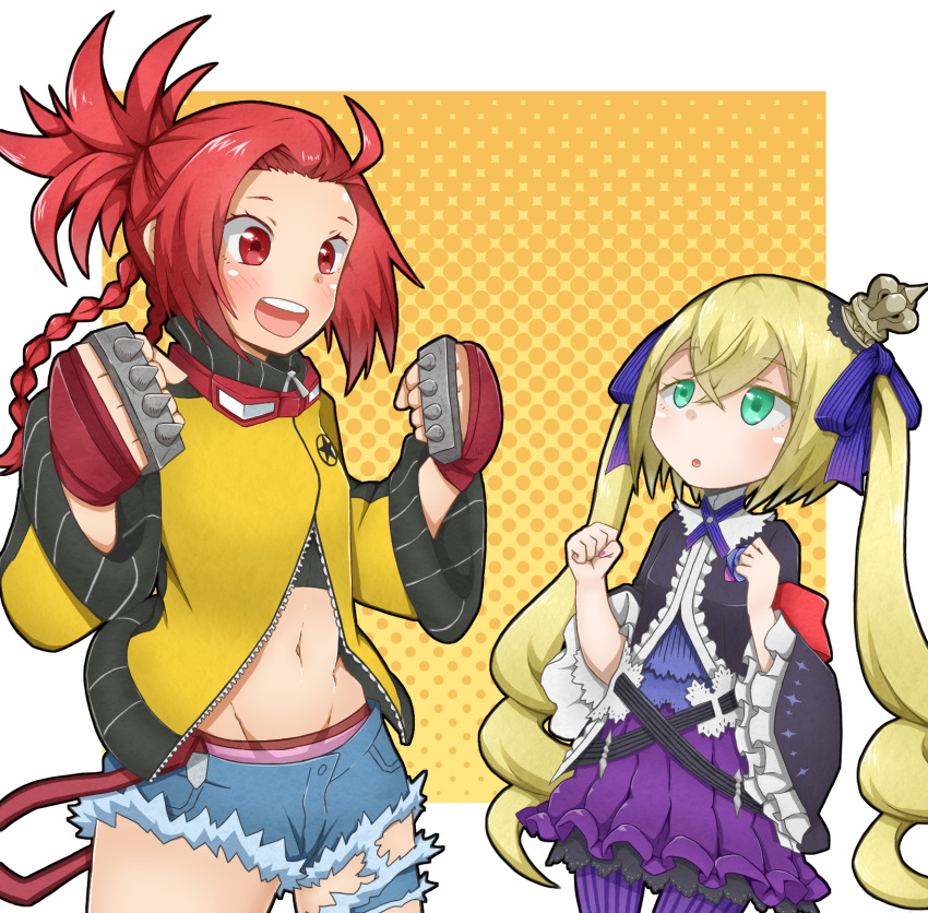 2girls, 7th_dragon_(series), 7th_dragon_2020, :d, :o, armband, bangs, blonde_hair