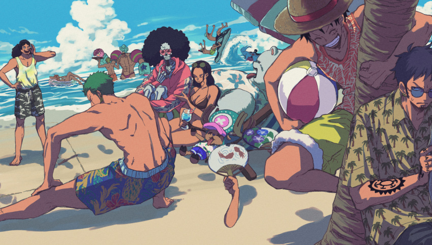2girls, 6+boys, afro, annoyed, aqua_hair, arm_tattoo, back, barefoot