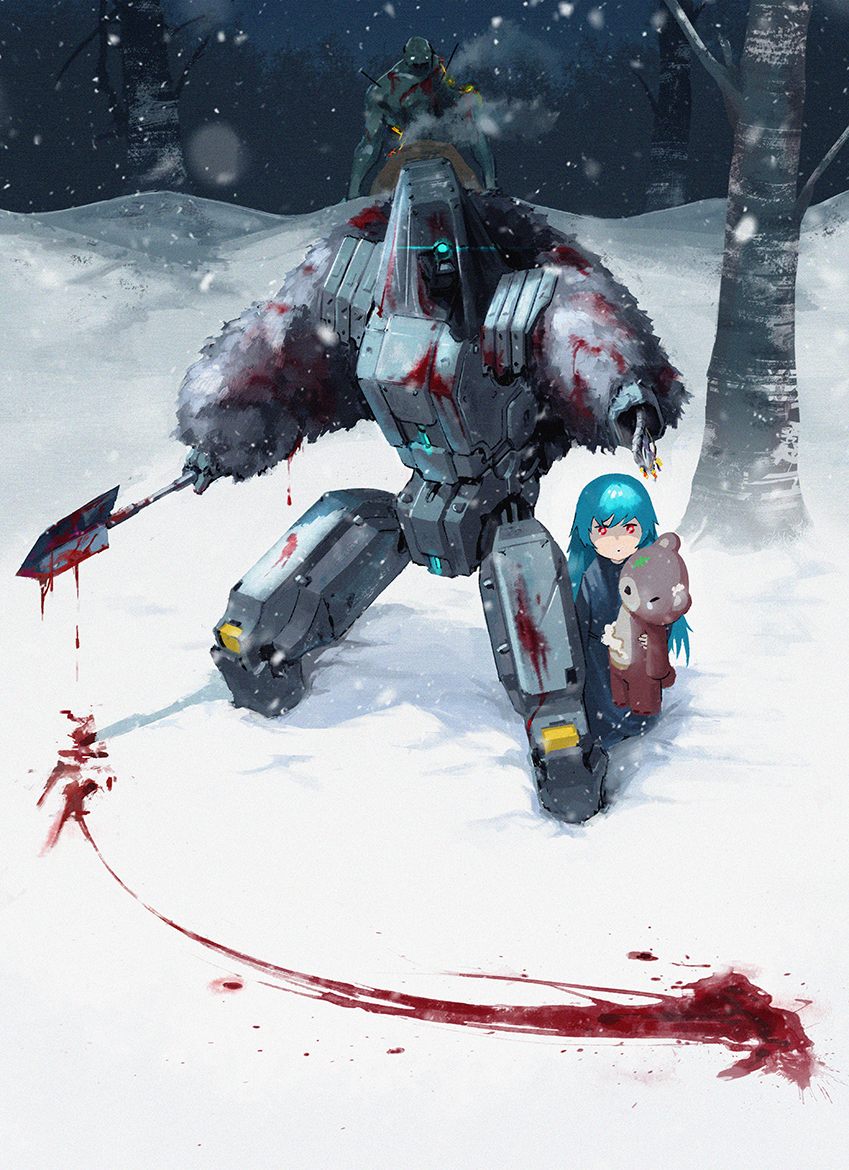 1girl, blood, blood_on_snow, bloody_weapon, blue_hair, centaurus_(girls_frontline), damaged, elid_(girls_frontline), girls_frontline, long_hair, mannaru, outdoors, protecting, red_eyes, robot, shovel, snow, stuffed_animal, stuffed_toy, stuffing, teddy_bear, thunder_(girls_frontline), tree, veil, weapon, younger