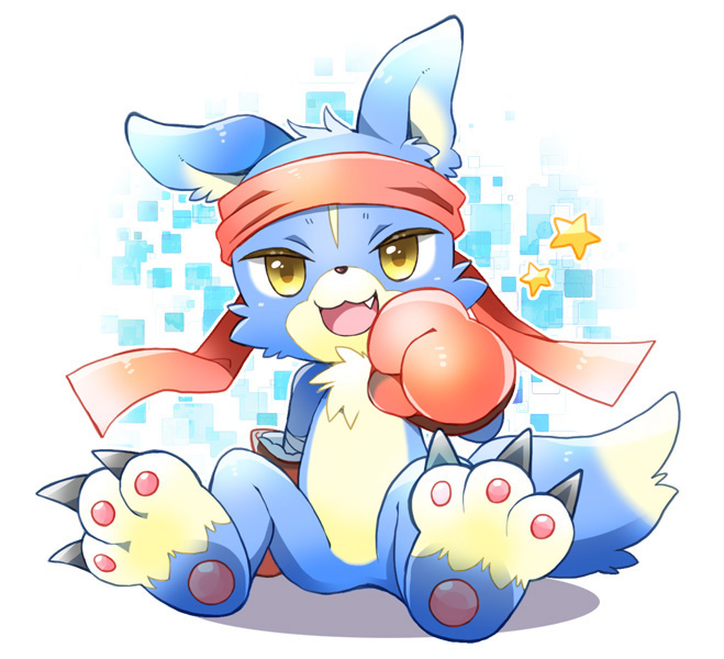 :3, :d, arm_support, boxing_gloves, claws, commentary_request, digimon, digimon_(creature), fang, full_body, gaomon, headband, looking_at_viewer, moka-momaka, no_humans, open_mouth, paws, red_headband, shadow, sitting, smile, solo, star_(symbol), white_background, yellow_eyes