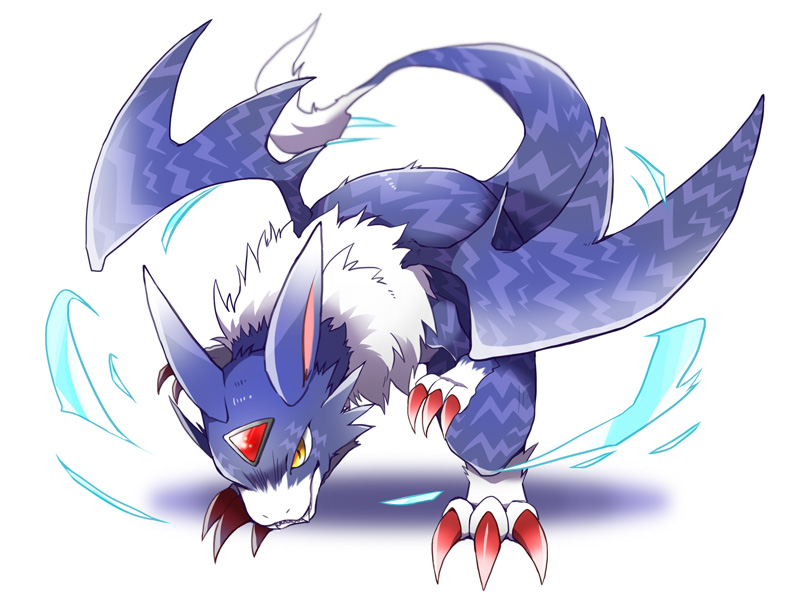 body_fur, claws, commentary_request, digimon, digimon_(creature), dorugamon, facial_mark, fangs, fangs_out, forehead_mark, full_body, looking_down, moka-momaka, no_humans, shadow, sharp_teeth, simple_background, solo, tail, teeth, white_background, white_fur, wings