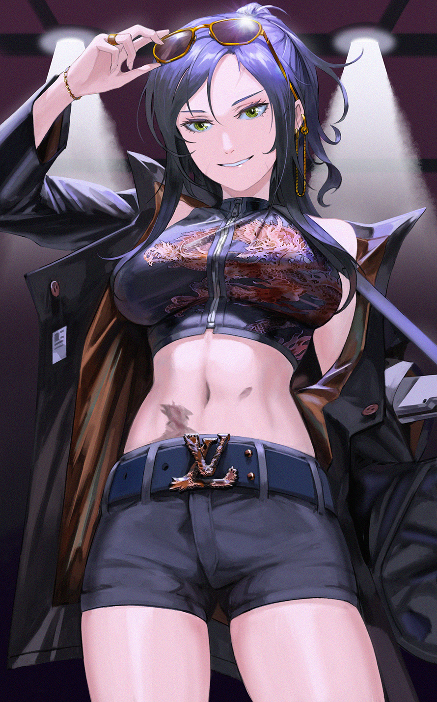 1girl, adjusting_eyewear, angelia_(girls_frontline), belt, belt_buckle, bracelet, breasts, buckle, commentary, earrings, english_commentary, eyewear_on_head, girls_frontline, green_eyes, grin, highres, jacket, jewelry, large_breasts, long_hair, looking_at_viewer, mannaru, mechanical_arms, midriff, navel, off_shoulder, ponytail, purple_hair, ring, scar, scar_on_face, scar_on_stomach, shorts, single_mechanical_arm, smile, solo, sunglasses