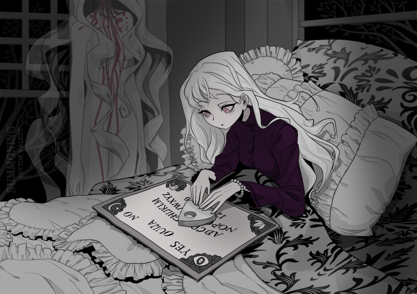 1girl, black_shirt, bracelet, frilled_pillow, frills, ghost, greyscale, indoors