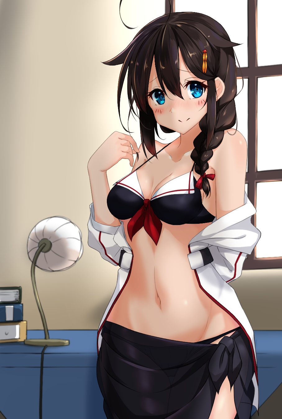 1girl, adapted_costume, ahoge, bikini, black_bikini, black_sarong, blue_eyes, blush