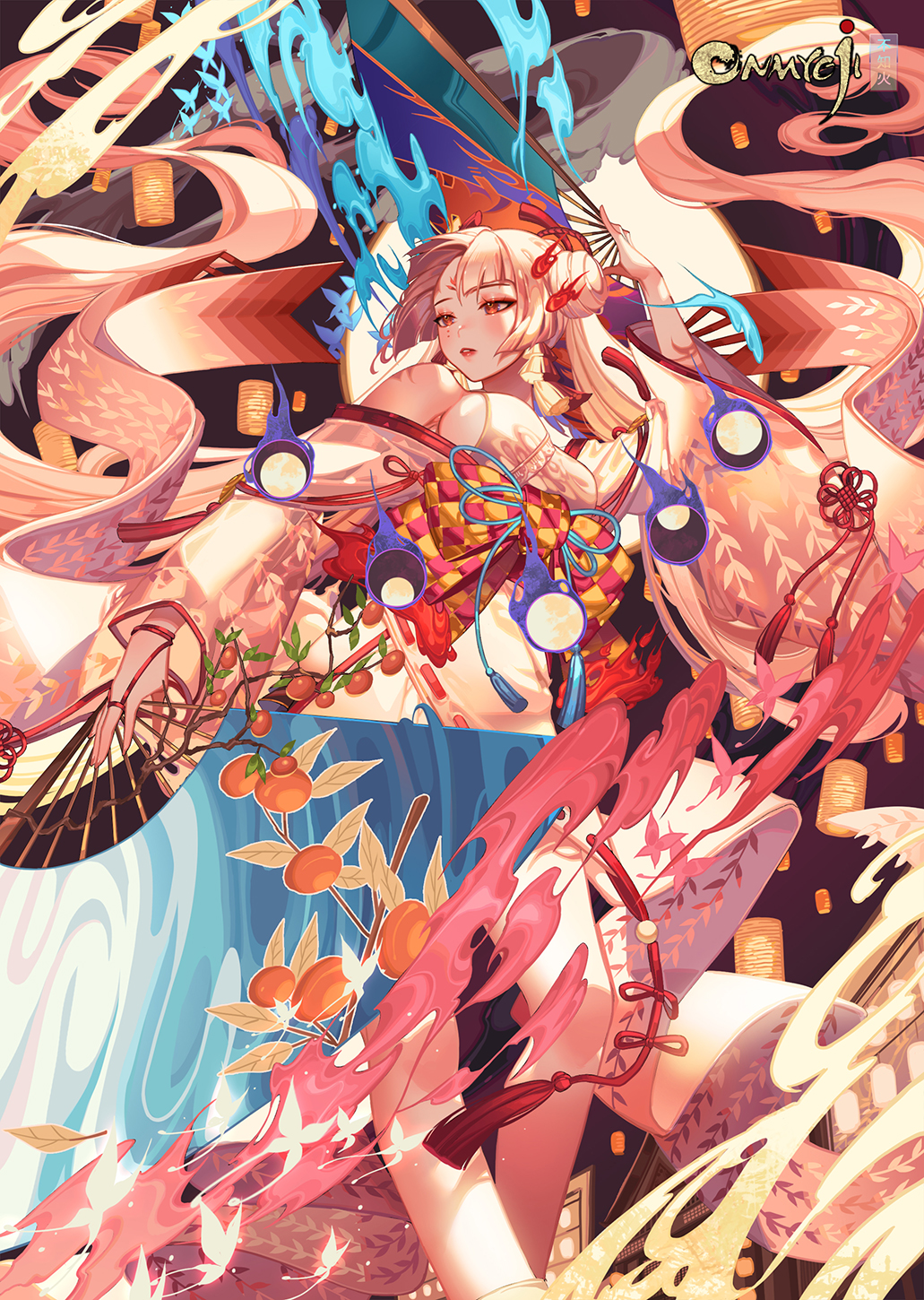 1girl, bangs, blush, branch, breasts, bug, butterfly, double_bun