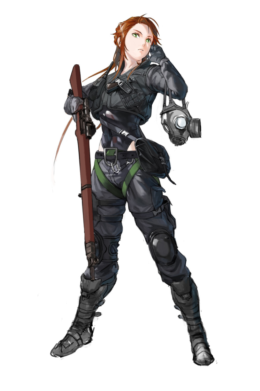 1girl, absurdres, alternate_costume, belt, bolt_action, brown_hair, earpiece, gas_mask