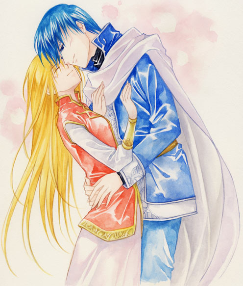 1girl, agahari, blonde_hair, cape, closed_eyes, couple, fin, finn_(fire_emblem)