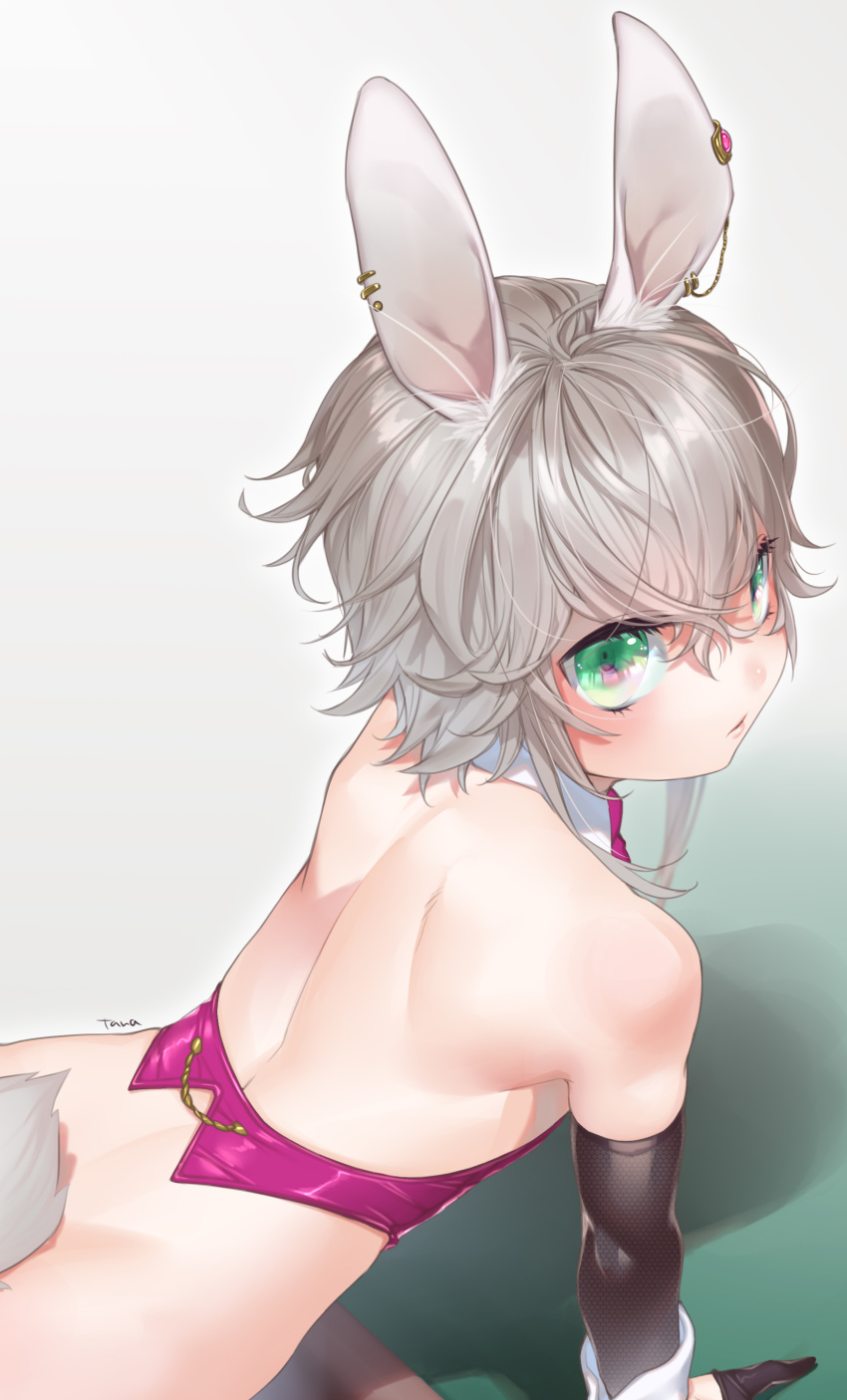 1boy, absurdres, all_fours, animal_ears, back, backless_outfit, bangs, bare_shoulders