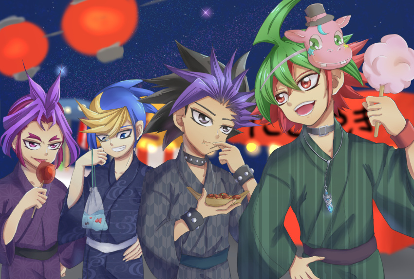 4boys, kimono, lorelei_(pixiv739346), multicolored_hair, performapal_hip_hippo, sakaki_yuuya, yuu-gi-ou, yuu-gi-ou_arc-v, yuugo_(yuu-gi-ou_arc-v), yuuri_(yuu-gi-ou_arc-v), yuuto_(yuu-gi-ou_arc-v)