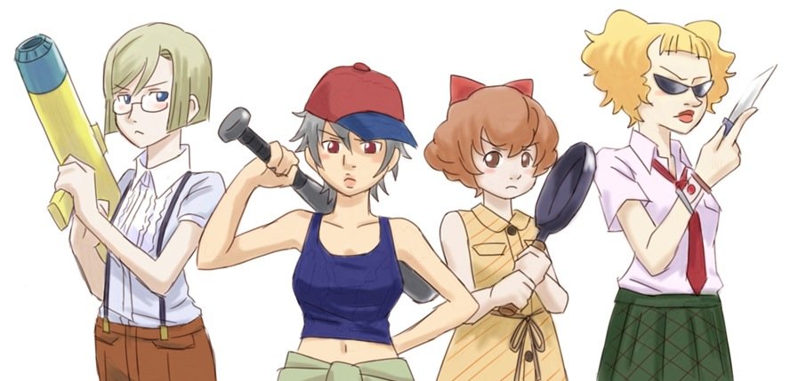 4girls, baseball_bat, blonde_hair, bow, brown_hair, claire_forrest, frying_pan, kate_ashley