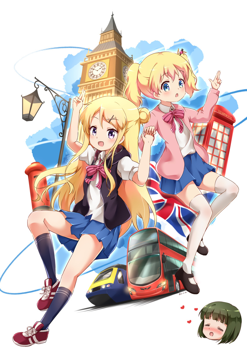 3girls, absurdres, alice_cartelet, blonde_hair, blue_eyes, bus, cardigan, clock