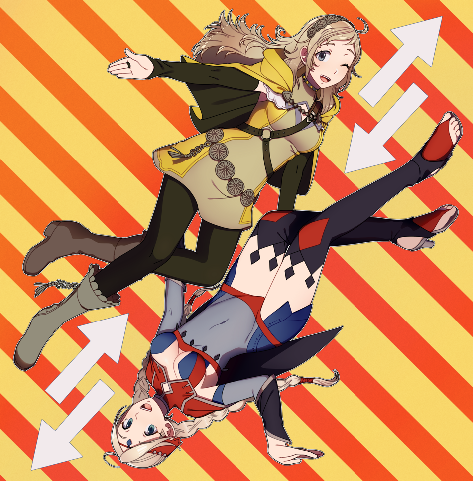 2girls, ahoge, bangs, belt, blonde_hair, bodystocking, boots, braid, breasts, bridal_gauntlets, cape, capelet, circlet, cosplay, costume_switch, fire_emblem, fire_emblem_fates, full_body, grey_eyes, hairband, harness, high_heels, hiomaika, hood, long_hair, medium_breasts, multiple_girls, nina_(fire_emblem), nina_(fire_emblem)_(cosplay), one_eye_closed, open_mouth, ophelia_(fire_emblem), ophelia_(fire_emblem)_(cosplay), outstretched_arms, simple_background, thigh-highs, turtleneck, twin_braids, twintails