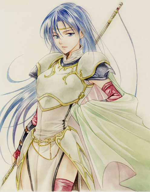 armor, blue_eyes, blue_hair, cape, circlet, elbow_gloves, fingerless_gloves, fire_emblem, fire_emblem:_rekka_no_ken, fire_emblem_blazing_sword, gloves, isadora, long_hair, polearm, spear, tabard, thighhighs, weapon