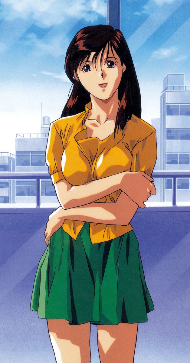 1990s_(style), 1girl, arm_grab, arms_under_breasts, brown_eyes, brown_hair, city, cowboy_shot