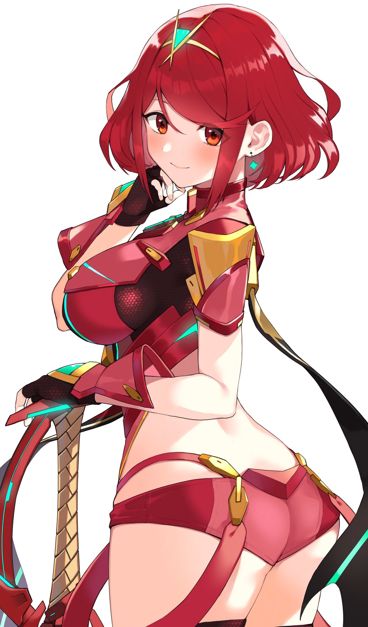1girl, aegis_sword_(xenoblade), bangs, black_gloves, breasts, chest_jewel, earrings, fingerless_gloves