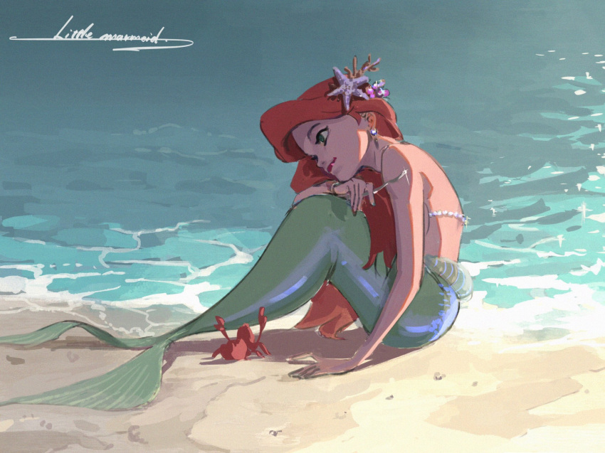 1girl, ariel_(disney), arm_support, back, backlighting, bare_arms, bare_shoulders, beach