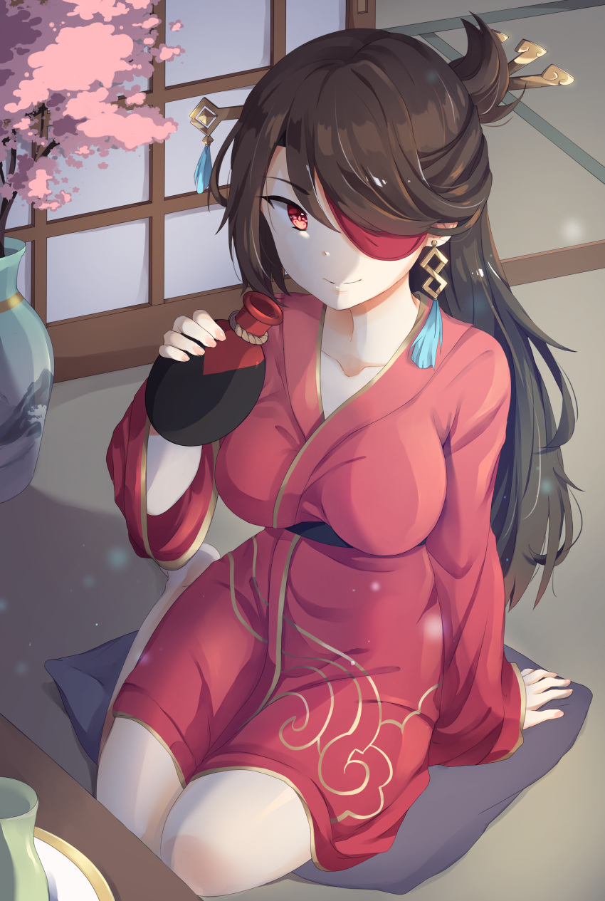 1girl, absurdres, alcohol, beidou_(genshin_impact), black_hair, bottle, breasts, collarbone