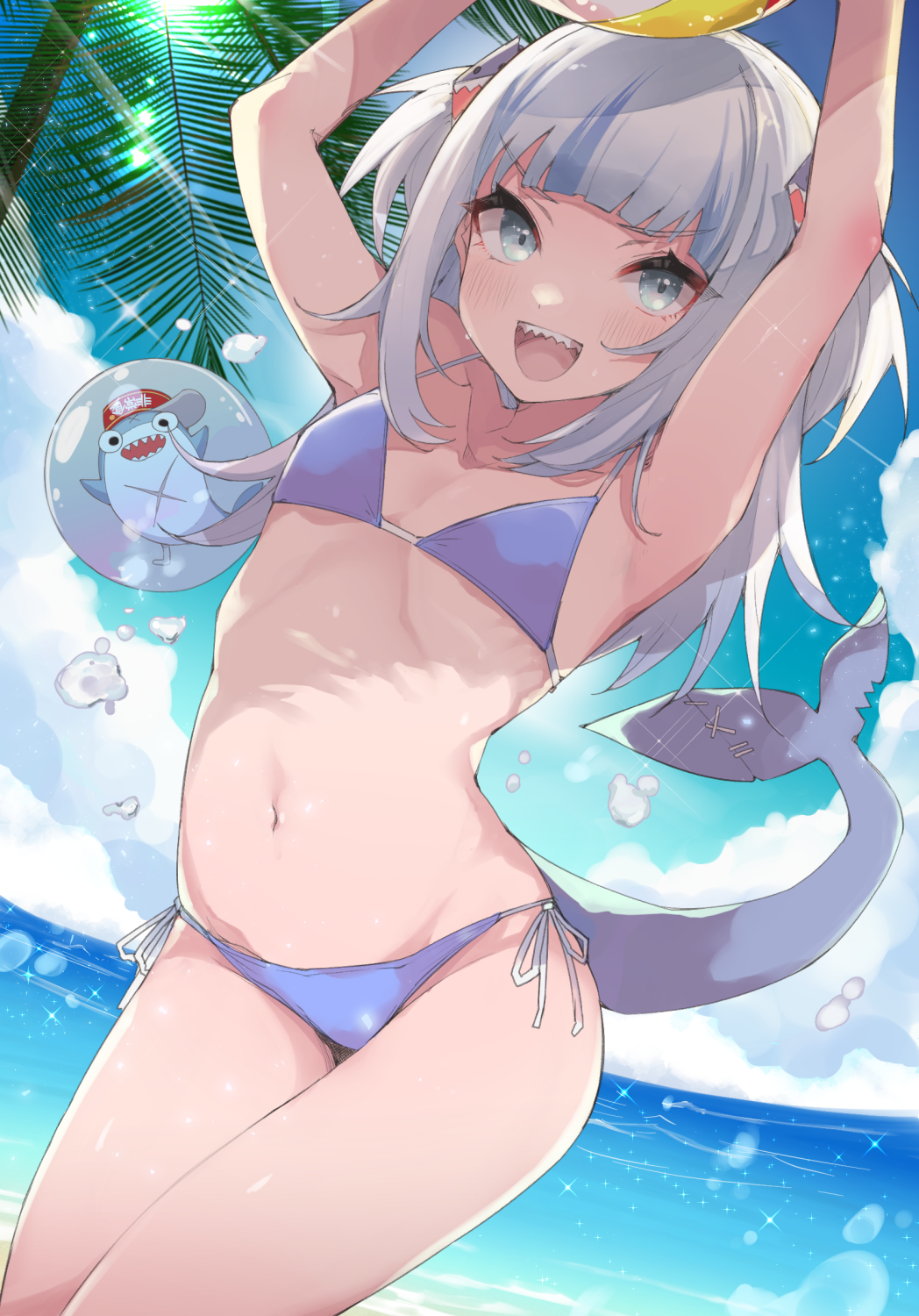 1girl, :d, armpits, arms_up, ball, bare_arms, bare_shoulders, beachball, bikini, bloop_(gawr_gura), blue_bikini, day, fish_tail, gawr_gura, goten_(510gensoku), grey_eyes, hair_ornament, highres, holding, hololive, hololive_english, long_hair, looking_at_viewer, multicolored_hair, navel, ocean, open_mouth, outdoors, shark_tail, sharp_teeth, side-tie_bikini, silver_hair, smile, solo, stomach, streaked_hair, string_bikini, sunlight, swimsuit, tail, teeth, thighs, two_side_up, v-shaped_eyebrows, virtual_youtuber