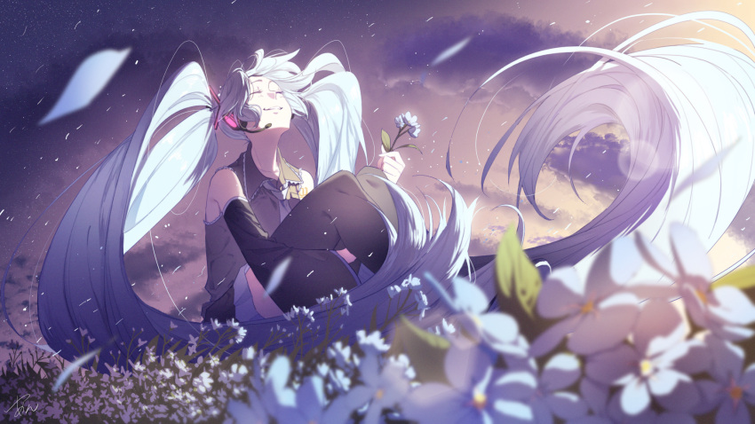1girl, ^_^, absurdly_long_hair, arm_around_leg, bare_shoulders, black_legwear, black_skirt, blue_flower