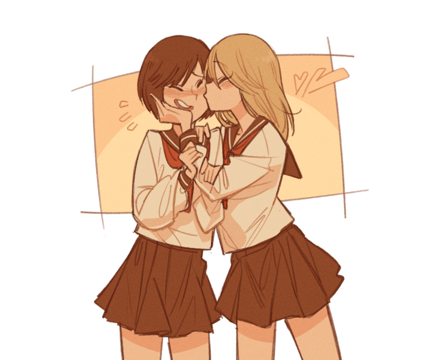 2girls, blonde_hair, blush, brown_hair, cheek_kiss, closed_eyes, couple, girl_friends_(manga)