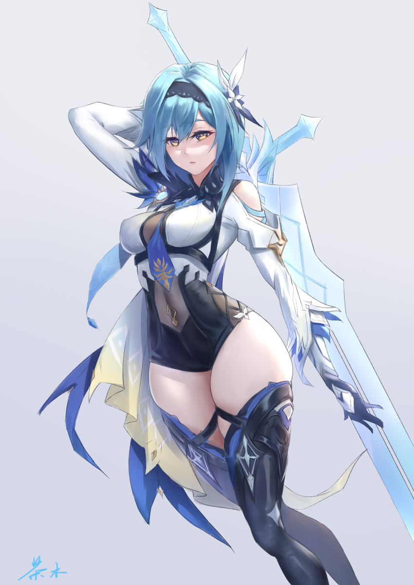 1girl, absurdres, arm_up, bare_shoulders, black_legwear, blue_hair, blue_neckwear, bodystocking