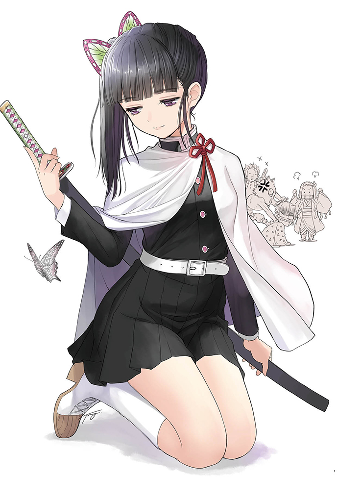 2girls, 3boys, anger_vein, black_hair, black_shirt, black_skirt, boar_mask, boots, bug, butterfly, cape, chibi, chibi_inset, commentary_request, hashibira_inosuke, holding, holding_sword, holding_weapon, insect, kamado_nezuko, kamado_tanjirou, kanroji_mitsuri, katana, kimetsu_no_yaiba, kneeling, light_smile, long_hair, military, military_uniform, multiple_boys, multiple_girls, scabbard, sheath, shirt, simple_background, skirt, solo_focus, sword, tony_taka, tsuyuri_kanao, uniform, violet_eyes, weapon, white_background, white_cape, white_footwear