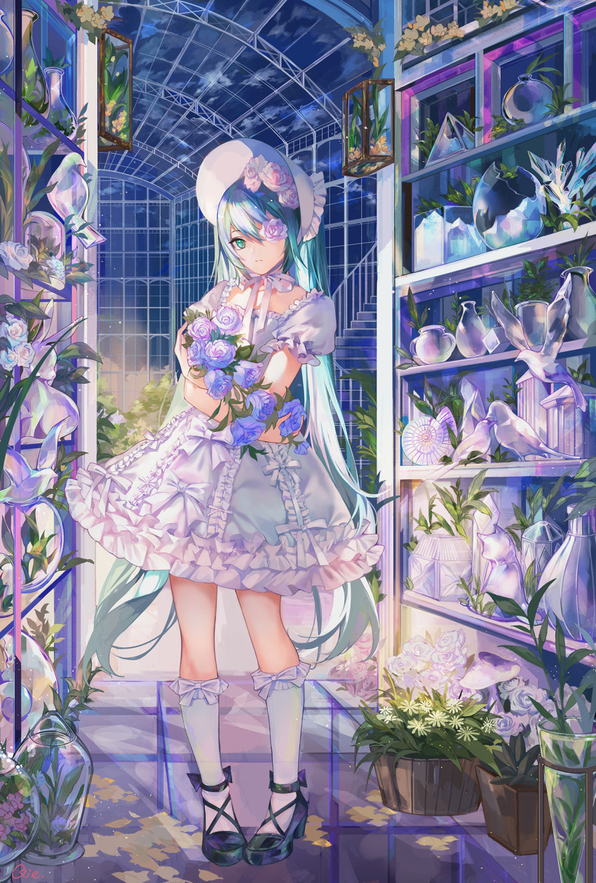 1girl, black_footwear, blue_eyes, blue_hair, bonnet, dress, expressionless, flower