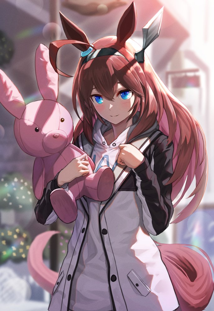 1girl, ahoge, animal_ears, bangs, blue_eyes, blurry, blurry_background, blush
