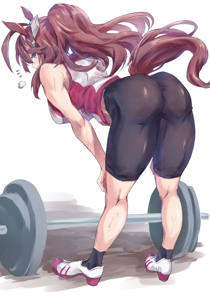 1girl, animal_ears, ass, barbell, bent_over, bike_shorts, blue_eyes, brown_hair