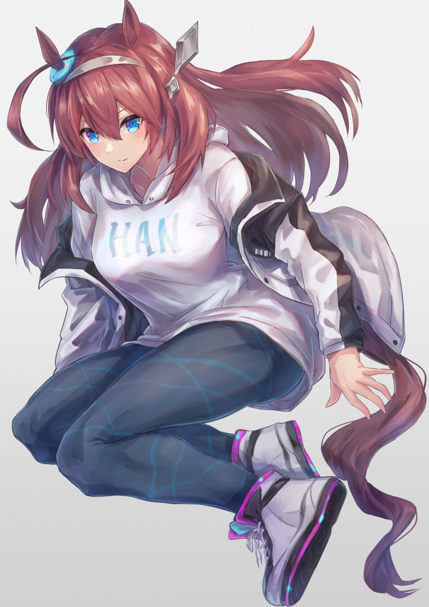 1girl, ahoge, animal_ears, blue_eyes, boots, brown_hair, commentary_request, grey_background