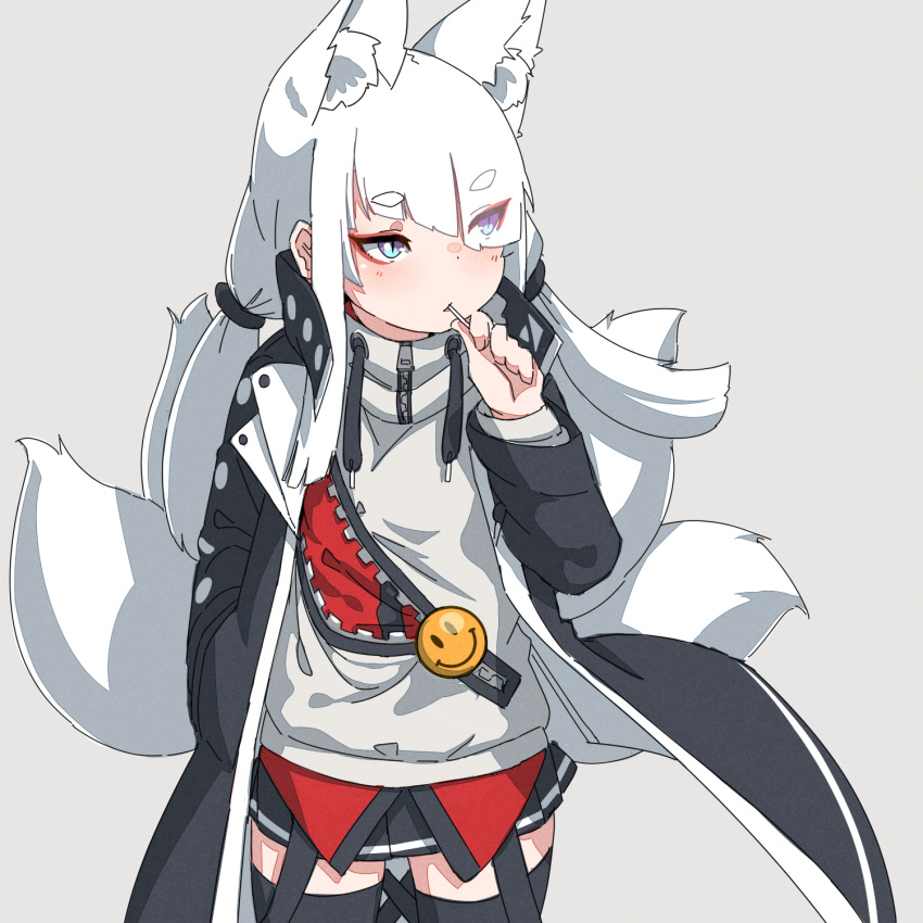 1girl, animal_ear_fluff, animal_ears, badge, bangs, black_jacket, black_legwear, black_skirt