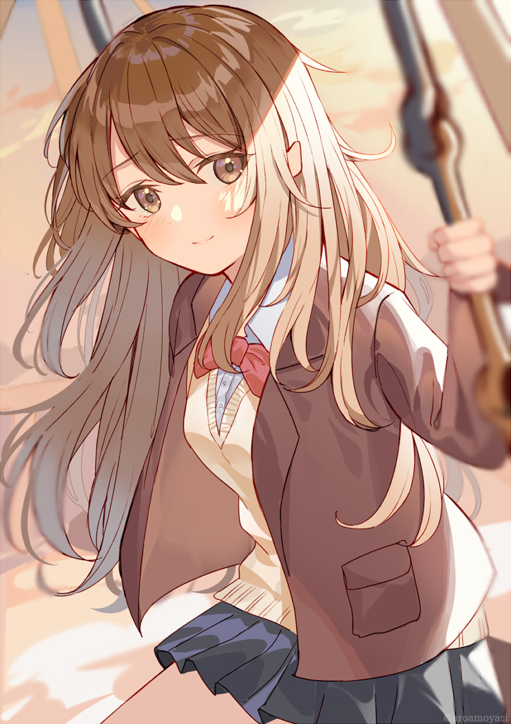 1girl, aroa_(aroamoyasi), blazer, blue_skirt, blush, bow, bowtie, brown_eyes