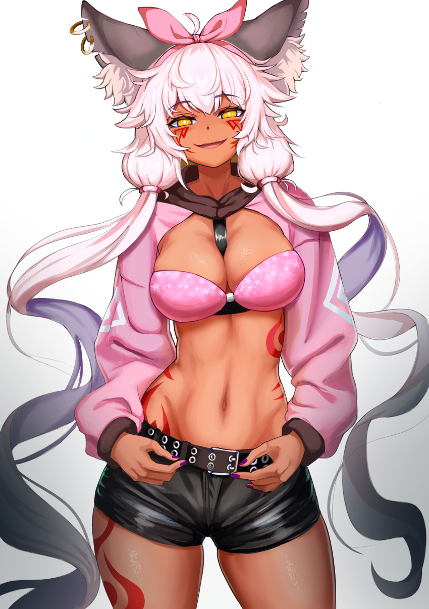 absurdres, animal_ears, b-pang, bangs, breasts, cover, crossed_bangs, dark_skin, eyebrows_visible_through_hair, guardian_tales, highres, ice_witch_lupina, long_hair, looking_at_viewer, magazine_cover, medium_breasts, miniskirt, open_mouth, pink_hair, skirt, smile, twintails, wolf_ears, wolf_girl, yellow_eyes