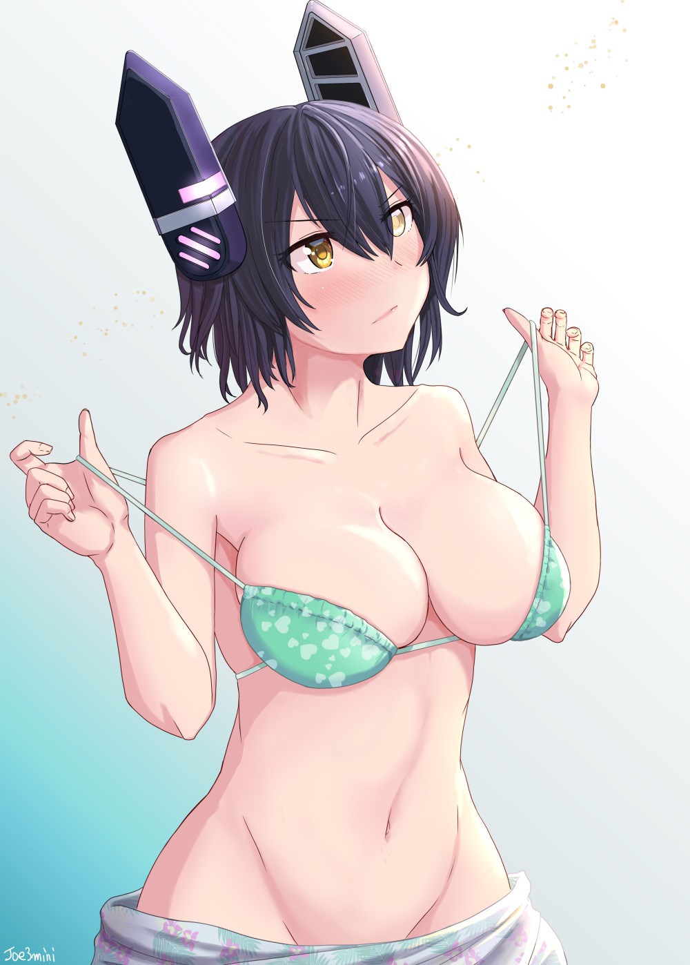 1girl, alternate_costume, bikini, bikini_top, blush, breasts, collarbone, eyepatch