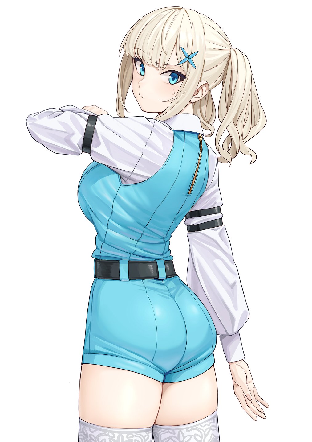 1girl, ass, bangs, belt, blonde_hair, blue_eyes, collared_shirt, hair_ornament