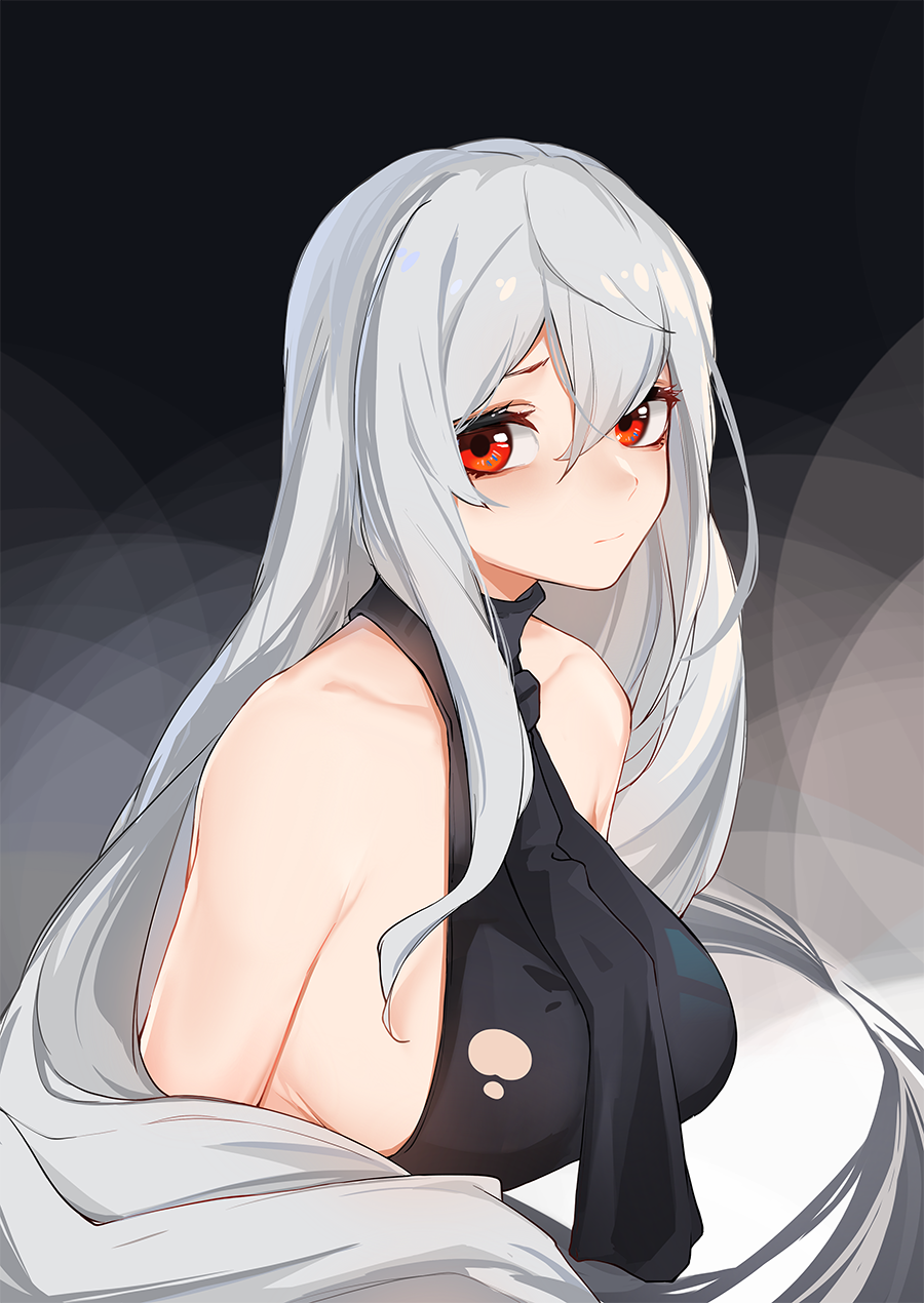 1girl, arknights, ascot, backless_outfit, bangs, bare_shoulders, black_background, black_neckwear