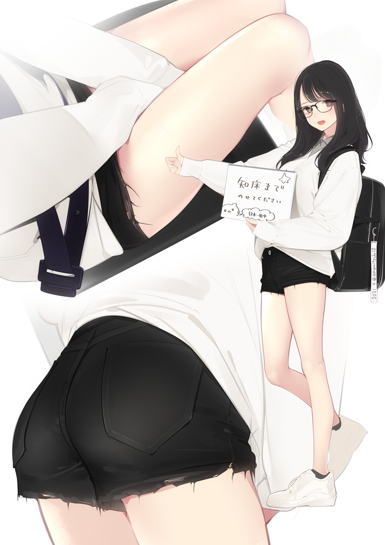 1girl, ama_mitsuki, ass, back, backpack, bag, black-framed_eyewear, black_eyes
