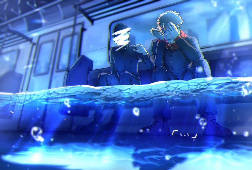 2boys, black_hair, black_jacket, black_pants, brown_footwear, brown_hair, bubble, character_request