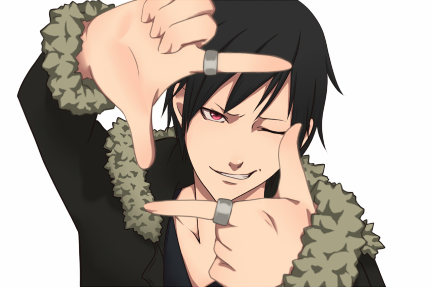 avelixir, bad_id, black_hair, durarara!!, finger_frame, grin, hands, jewelry, male, orihara_izaya, red_eyes, ring, short_hair, smile, solo, wink